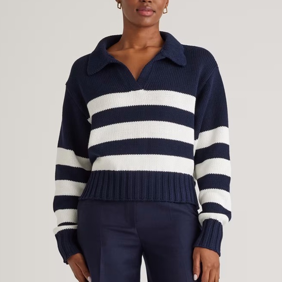 Quince Sweaters - Quince 100% Organic Cropped Cotton Polo Sweater in Navy & White, Medium